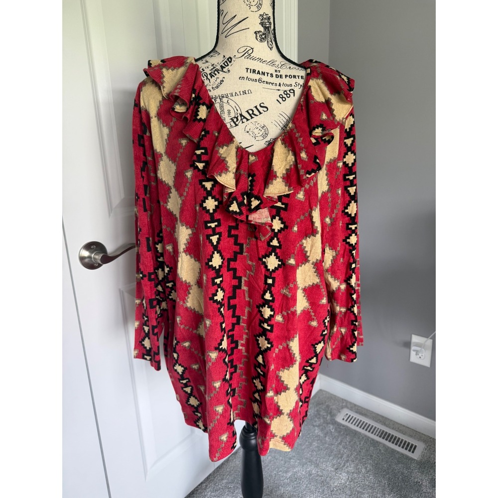 Lauren Ralph Lauren Womens 2X Red Southwestern Geometric Ruffle V-Neck Top NWT